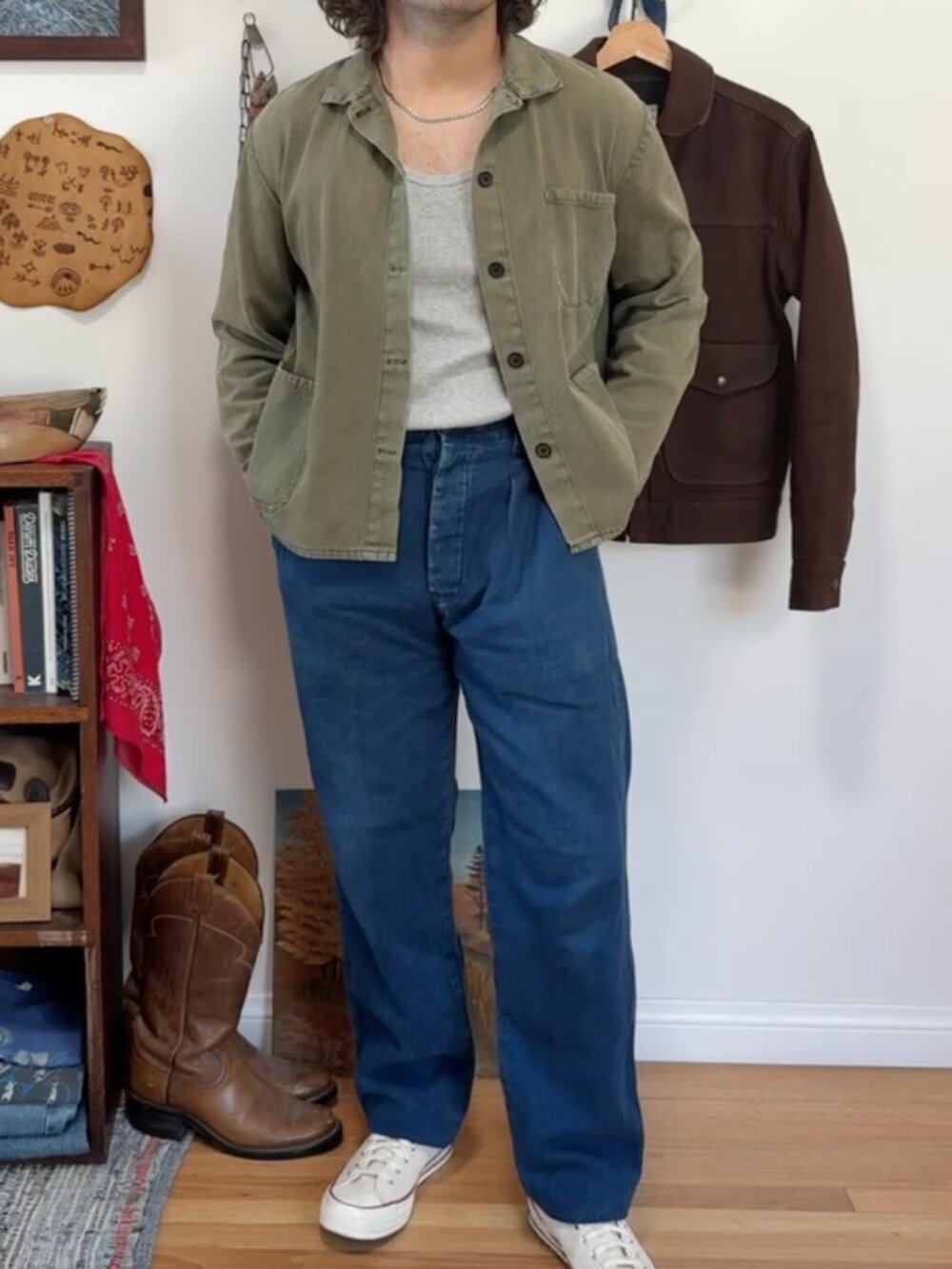 Vintage Cropped Olive Herringbone Twill Overshirt Small